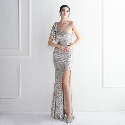 Craft Sequined Toast Clothing Long One Shoulder Appreciation Dinner Slim Fit Fishtail Wedding Socialite - Wanita Store