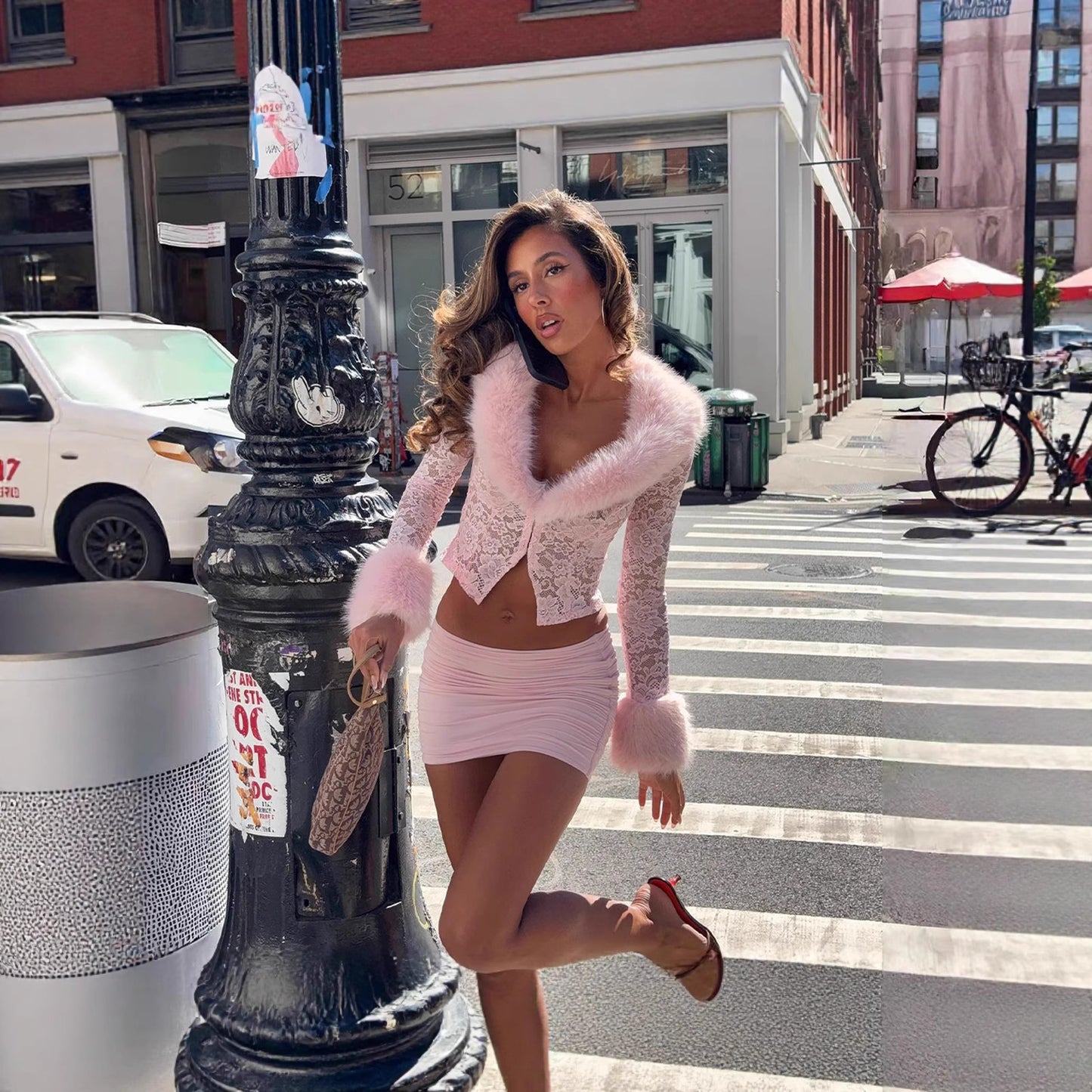 Ensemble jupe sexy et haut en dentelle de rue à manches longues en peluche pour femme, collection automne-hiver