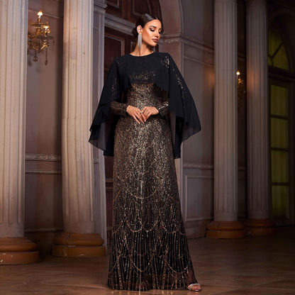 Women Clothing High Grade Long Sleeved round Neck Shawl Cocktail Sequined A Swing Evening Dress Women - Wanita Store