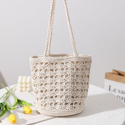 Korean Hollow Out Cutout Cotton Thread Hand Woven Bag Chi Elegant One Shoulder Portable Straw Weaved Bag Seaside Vacation Beach Bag - Wanita Store