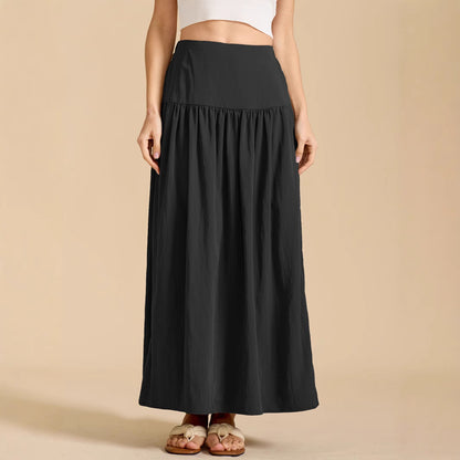 Women Cotton Pocket Skirt High Waist Back Elastic Dress Loose Pleated Large Swing Skirt - Wanita Store