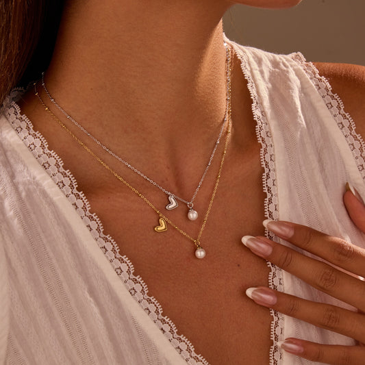 Pearl Heart Embellished Clavicle Chain Stainless Steel Necklace Non Fading Gold Plated Necklace - Wanita Store