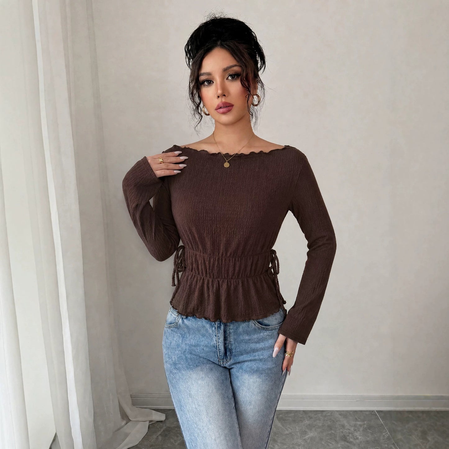 Autumn Winter Elegant Texture off Shoulder Top Women Waist Tight Slimming Flounce Long Sleeve T shirt