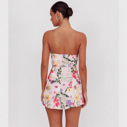 Women Slim Fit Bandeau Sling Short Niche Floral Dress - Wanita Store