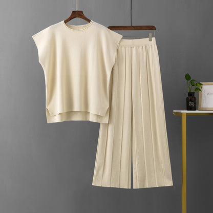 Casual Women Summer Solid Color Sleeveless Vest Sweater Wide Leg Pants Ice Silk Sets - Wanita Store