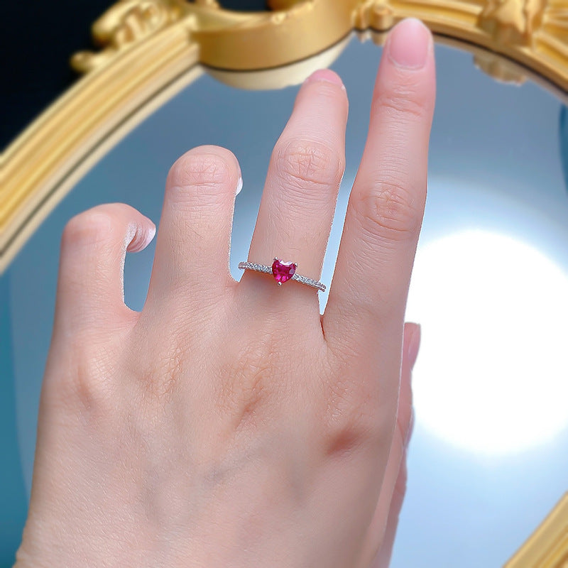 925 Silver Small Heart Ring Inlaid High Carbon Diamond Artificial Red Treasure Women - Wanita Store