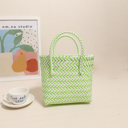 Cute Portable Plastic Woven Bag Fresh Square Straw Bag Vacation Beach Bag All Match Vegetable Basket Bag - Wanita Store