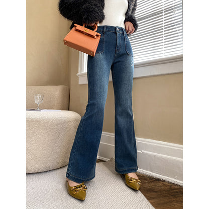 Leg Trimming Fashionable Modern Pocket Slightly Flared Jeans Early Spring - Wanita Store