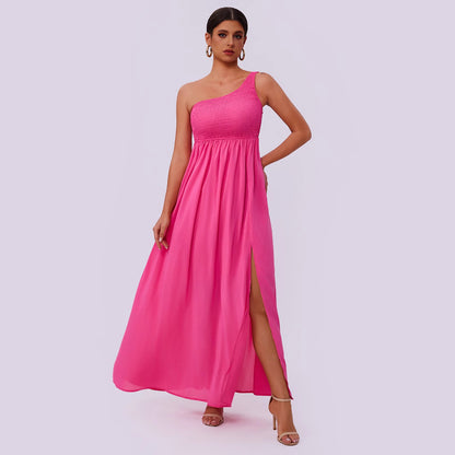 Women Clothing Summer Ladies Diagonal Collar Pleating Dress - Wanita Store