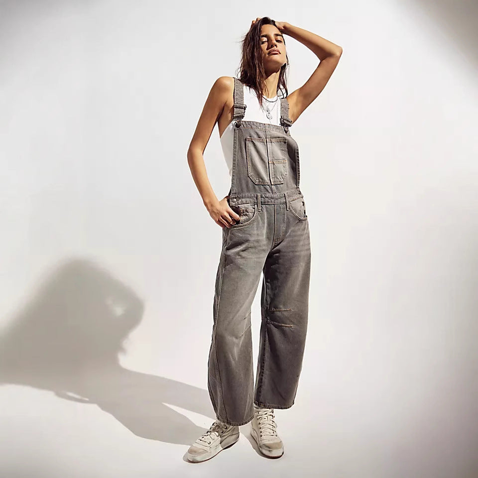 Street Washed out Vintage Loose Straight Cargo Jeans Suspender Pants