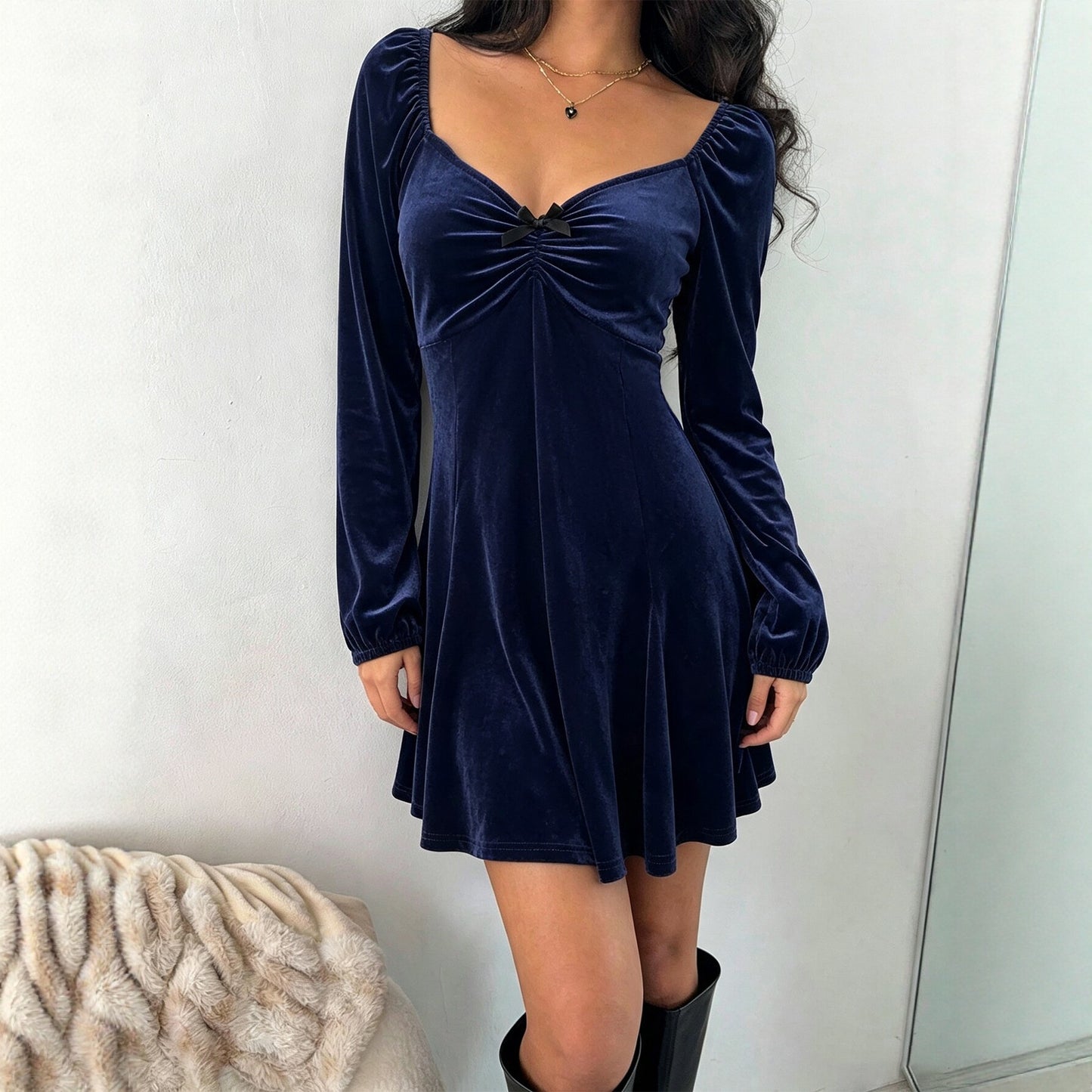 V neck Velvet Women Autumn Winter Puff Sleeve Waist Slimming A line Dress