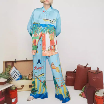 Spring Autumn Long Sleeve Printed Pocket Suit Casual Loose Vacation Two Piece Set Women - Wanita Store