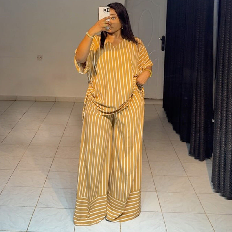Women Clothing Summer Casual Loose V neck Striped Short Sleeve Top Wide Leg Trousers Two Piece Sets