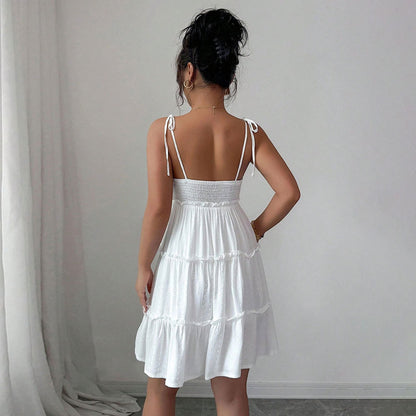Robe Courte d'Été Femme Française à Volants Élégante Robe à Bretelles Nouées