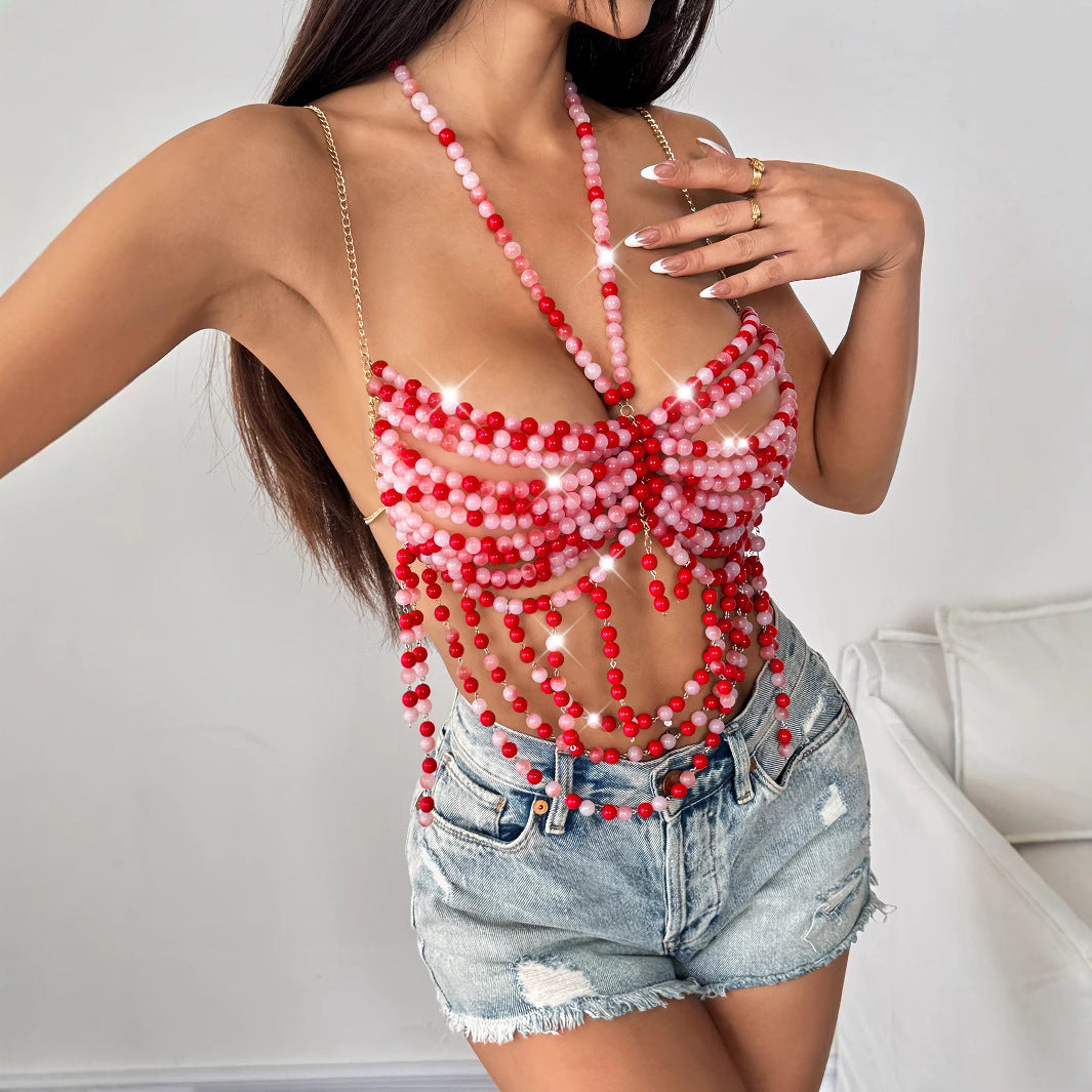 Soutien-gorge sexy dos nu licou évidé à plusieurs couches de perles