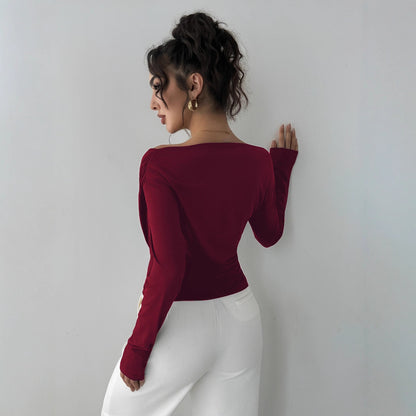 Autumn Winter Solid Color Shoulder Collar Shoulder Baring Slimming Long Sleeve All Match Office Top - Wanita Store