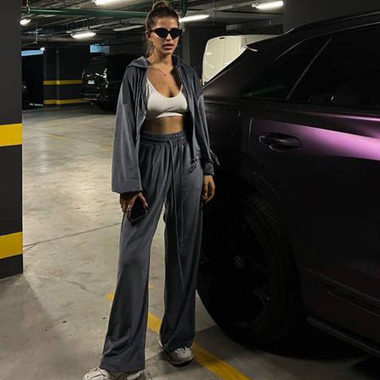 Early Autumn Gold Velvet Zipper Drawstring Casual Suit Women