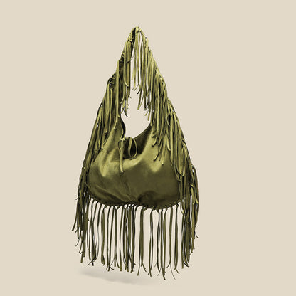 Tassel Large Capacity Tote Crescent Trendy One Shoulder Women Bag Casual Simple Crossbody Suede Retro Dumpling Bag - Wanita Store