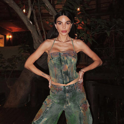 Street Women Clothing Heavy Industry Wash Gradient Color Halter Lace up Vest Zipper off Neck Bandeau Sling Pants Sets - Wanita Store