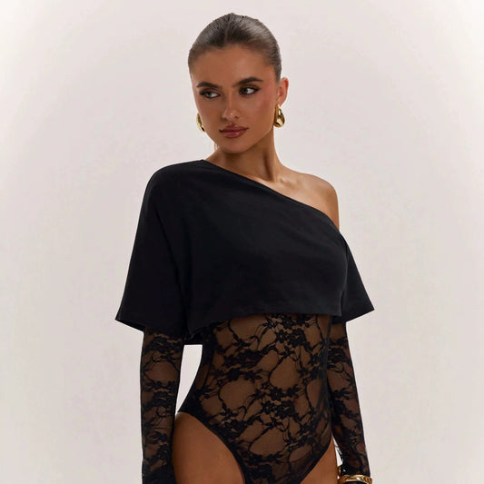 Sexy One Piece Cropped Outfit Slim Lace Stitching Long Sleeve Top