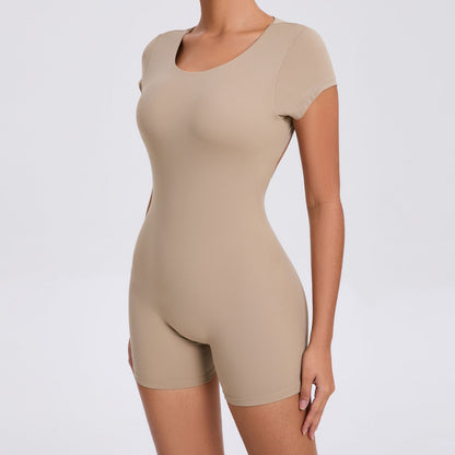Backless Peach Hip Skinny Yoga Clothes Dance Sports Workout Clothes Hip Lift Belly Shaping Short Sleeve Yoga Jumpsuit - Wanita Store