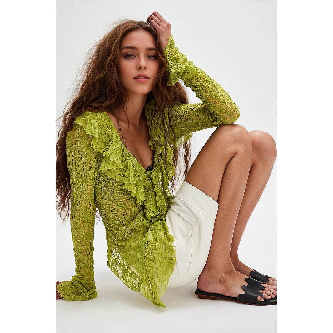 Camiseta de encaje con cuello de pico para mujer, cárdigan de otoño con volantes, top corto de punto de manga larga