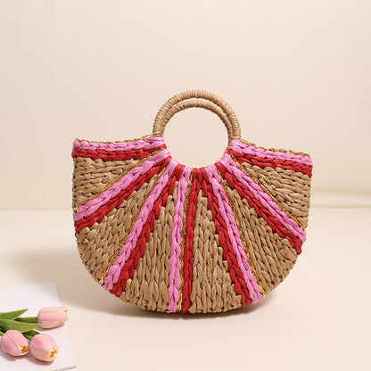 Niche Gold Line Contrast Color Portable Straw-Weaved Bag Striped Semicircle Straw Bag Woven Bag Degrees Wind Faux Beach Bag Women Bag - Wanita Store