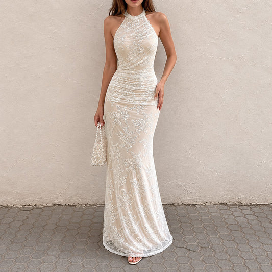 French Elegant Lace Stitching Ruffle Fitted Waist Backless Halter Dress Sexy Slim Vest Maxi Dress for Women