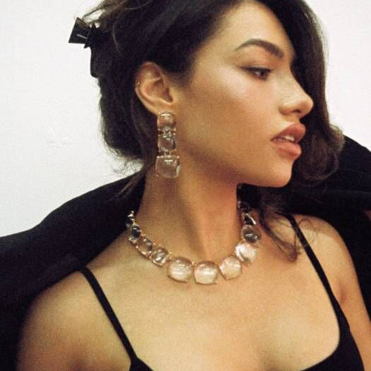 Ornament Personality Magazine Alloy Rhinestone Necklace Earrings for Women - Wanita Store