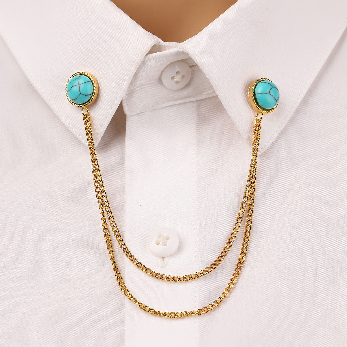 Oval Turquoise Stainless Steel Collar Pin All Match Shirt Neckline Ornament Women - Wanita Store