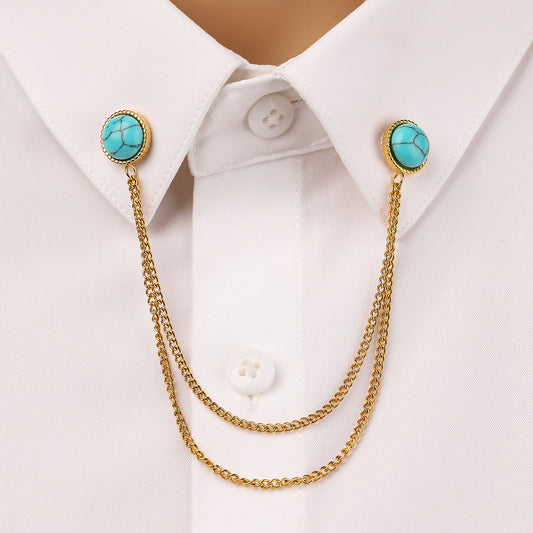 Oval Turquoise Stainless Steel Collar Pin All Match Shirt Neckline Ornament Women - Wanita Store