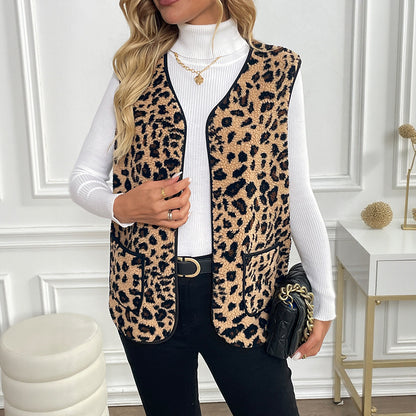 Sleeveless Outer Wear Vest Women Autumn Winter Leopard Cardigan - Wanita Store