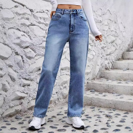 Women Clothing Fleece Lined Elastic Straight Slimming Denim Fashionable Trousers
