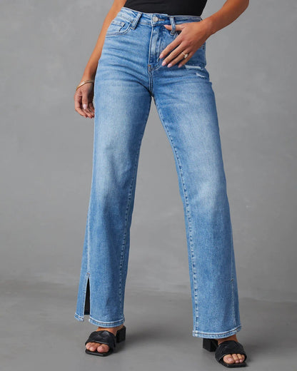 Split Jeans Women High Waist Split Straight Stretch Jeans - Wanita Store