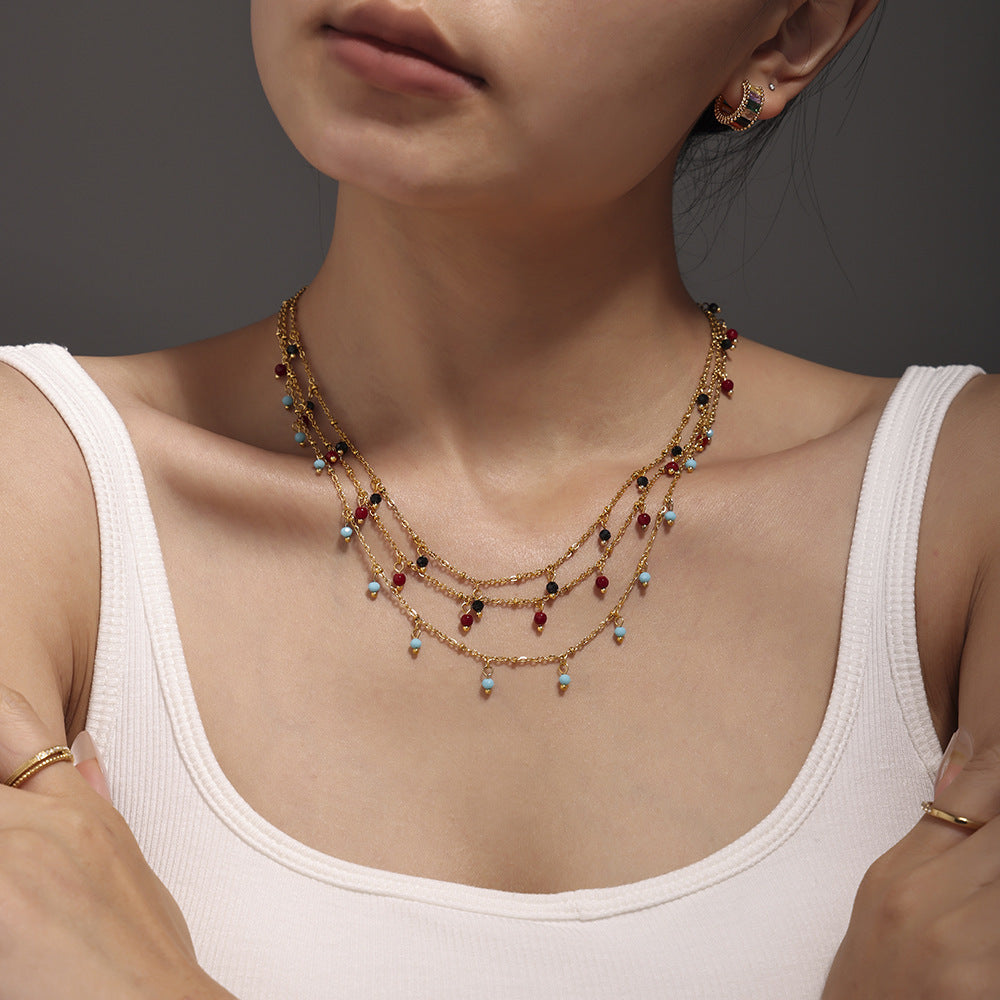 Mioli Natural Stone Handmade Small Bead Clavicle Ultra Fine Necklace Double Layer Twin Plated 18K Real Gold Color Retaining Necklace Women - Wanita Store