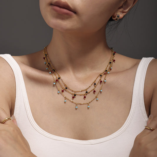 Mioli Natural Stone Handmade Small Bead Clavicle Ultra Fine Necklace Double Layer Twin Plated 18K Real Gold Color Retaining Necklace Women - Wanita Store