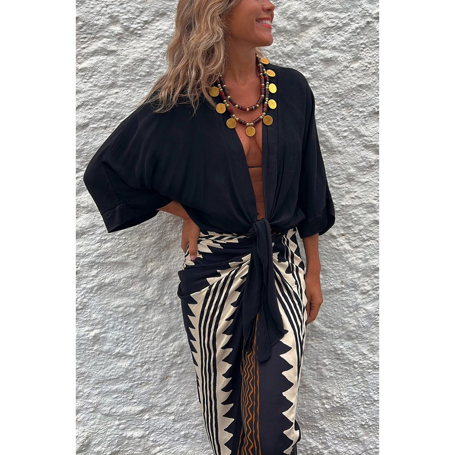 Spring Summer Casual Lace up Three Quarter Sleeve Top Loose Vacation Multi Color Top for Women