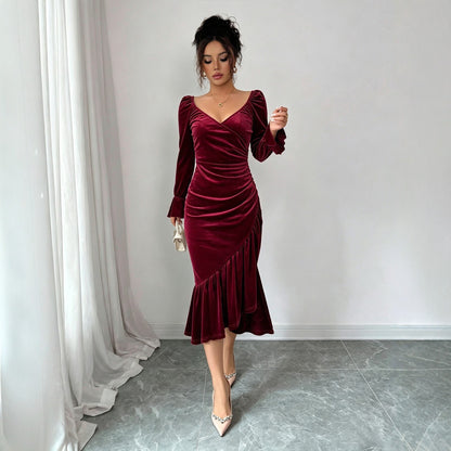 Robe femme en velours à col en V, automne hiver, amincissante, asymétrique, coupe sirène, mi-longue et moulante.