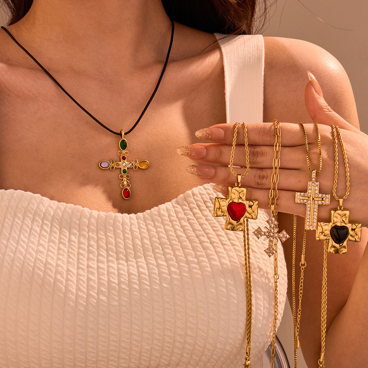 Arrival Colorful Crystals Cross Stainless Steel Necklace Love Natural Stone Clavicle Chain Titanium Steel Embellished - Wanita Store