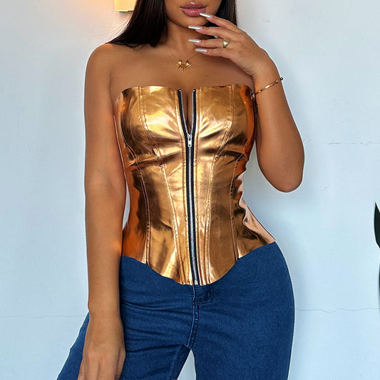 Women Clothing Metallic Coated Fabric Sexy Metal Bright Leather Tank Top Slim Vest Waist
