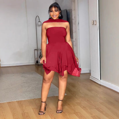 Women Elegant Irregular Asymmetric Double Layer Waist Tube Top Elastic Dress - Wanita Store