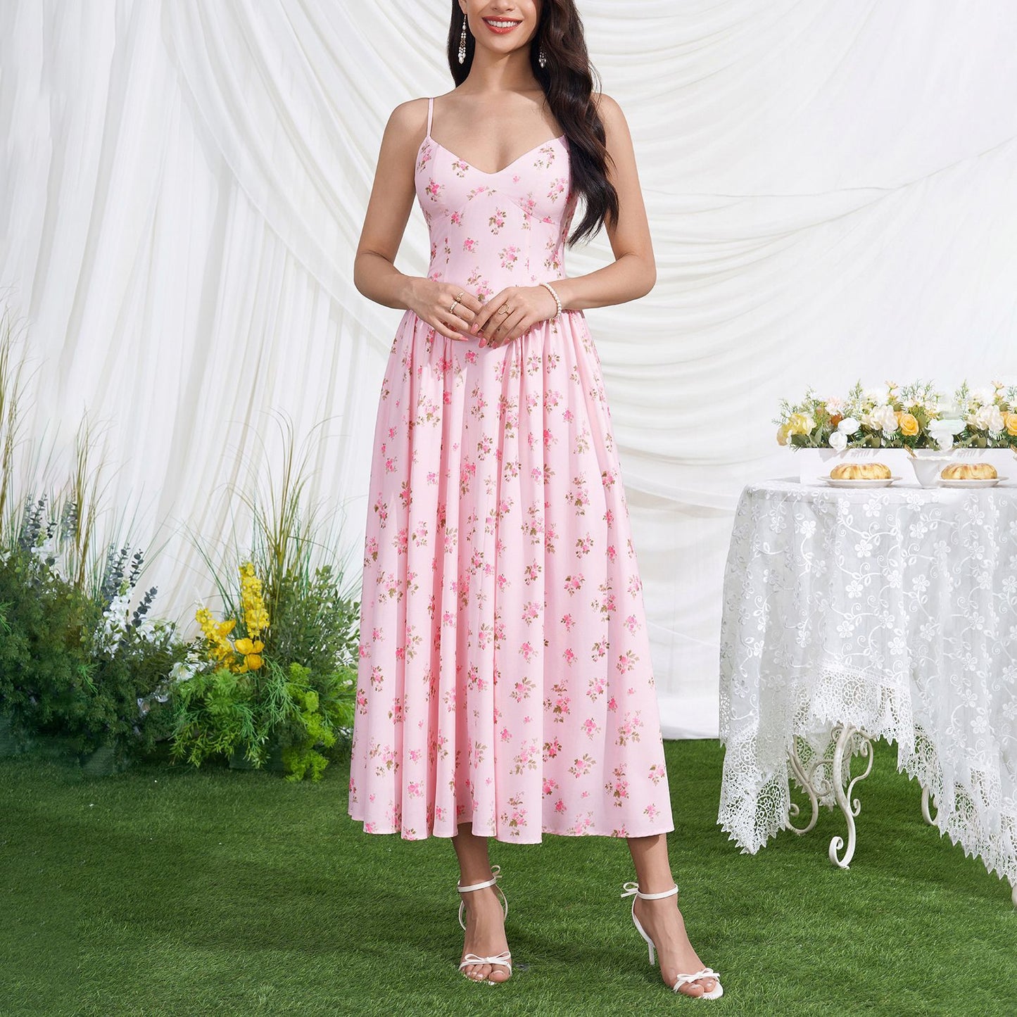 Vacation Low Collar Slip Dress Sexy Backless Lace up Waist Slimming Printed Pleated Midi Dress