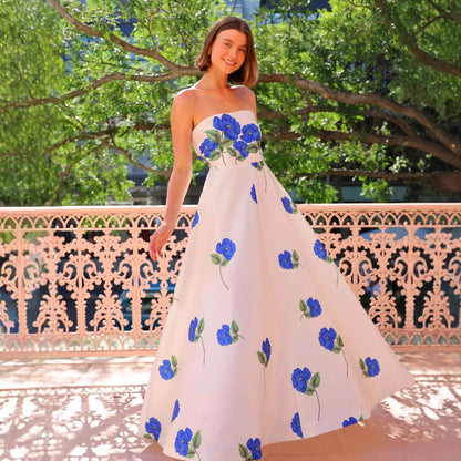 Stitching Satin Sexy Tube Top Printed High Waist Dress Evening Dress
