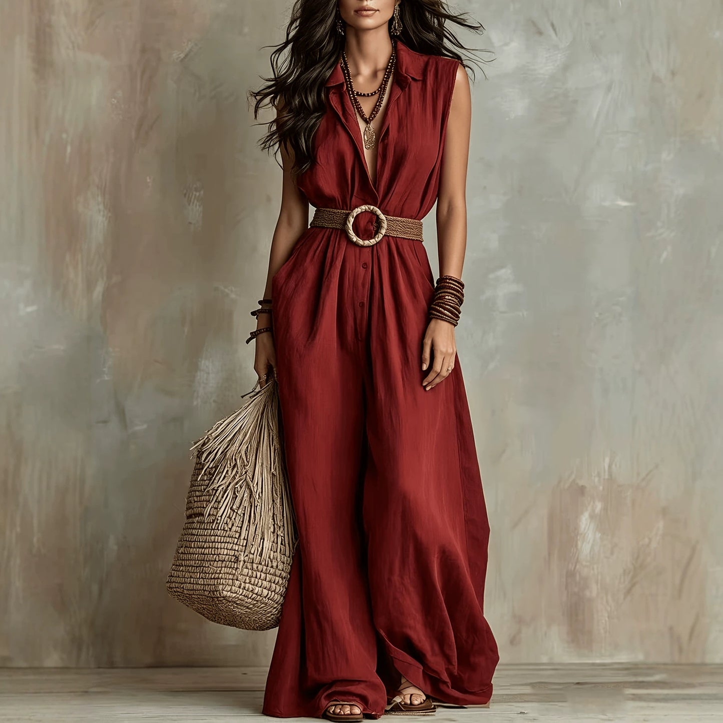 Linen Sleeveless Jumpsuit Casual Button Collared Wide Leg Jumpsuit with Belt
