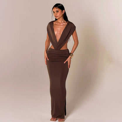 Robe longue d'été décontractée moulante sans manches dos nu de couleur unie pour femme
