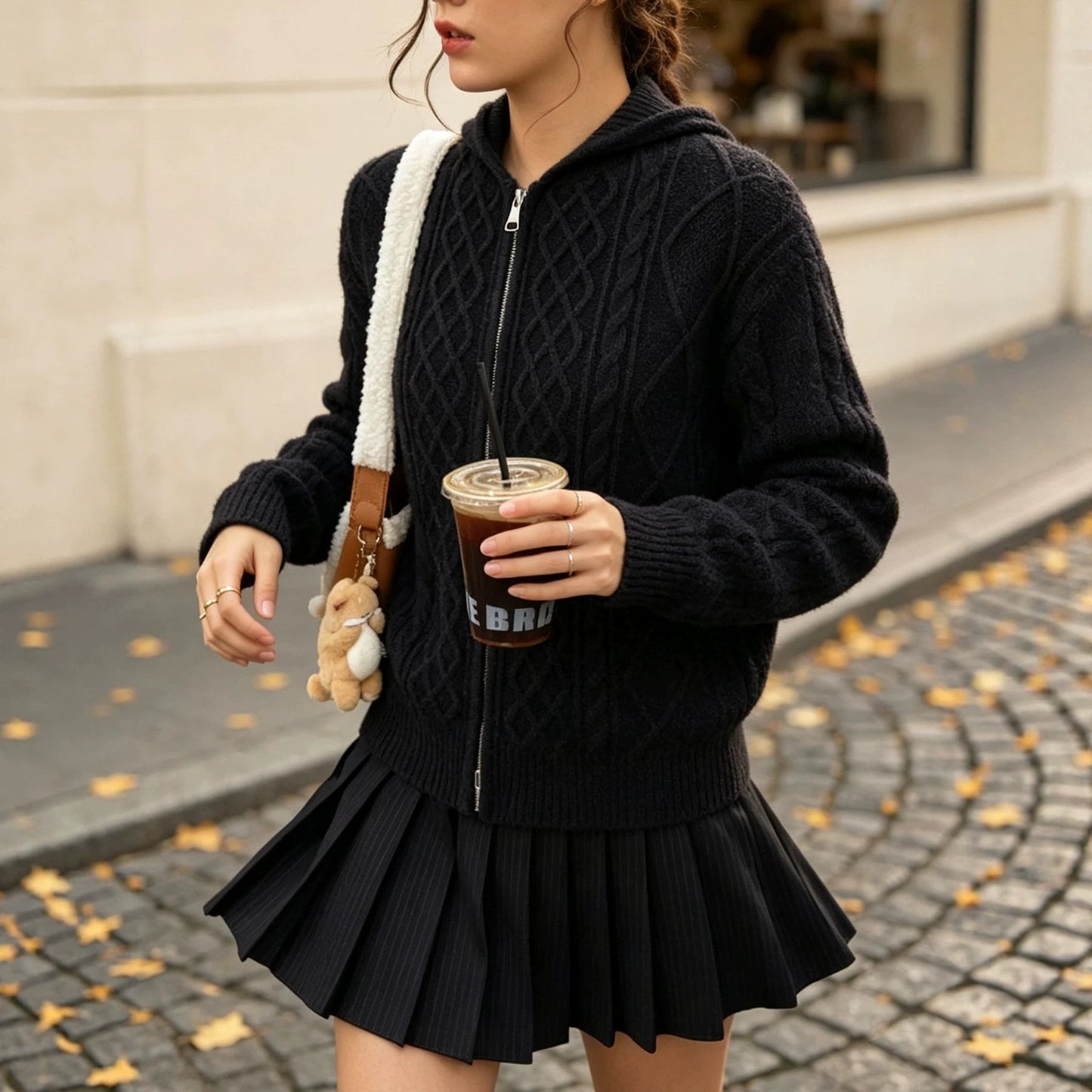 Hooded Zipper Knitted Cardigan Diamond Loose Long Sleeve Hoodie College Autumn Winter Sweater Coat