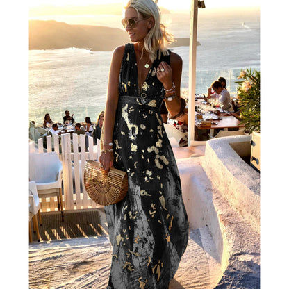 Spring Summer Sexy V Neck Bronzing Dress Casual Holiday Party Women Large Swing Dress - Wanita Store