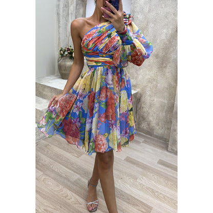 Slant Shoulder Casual Women Printed Wear Dress Party Zipper Dress - Wanita Store