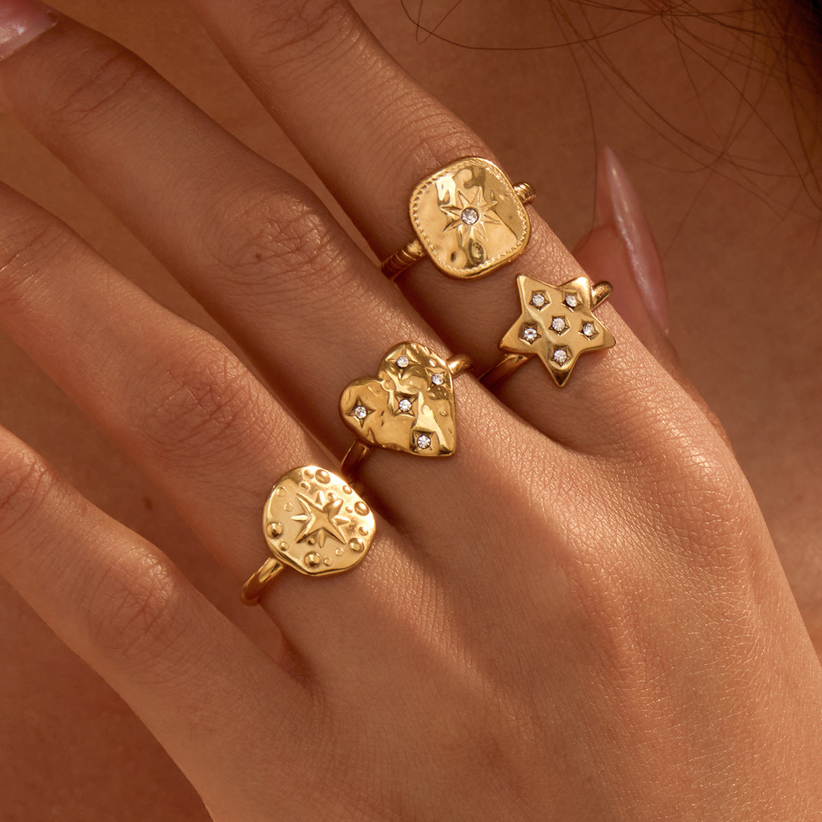 Affordable Luxury Texture Adjustable Ring Stainless Steel Plated 18K Real Gold Design Hand Jewelry - Wanita Store