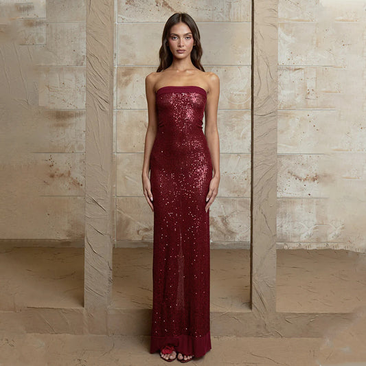 Sexy Women Clothing Evening Dress Elegant Bandeau Slim Fit Maxi Dress Sequined Split Backless Dress